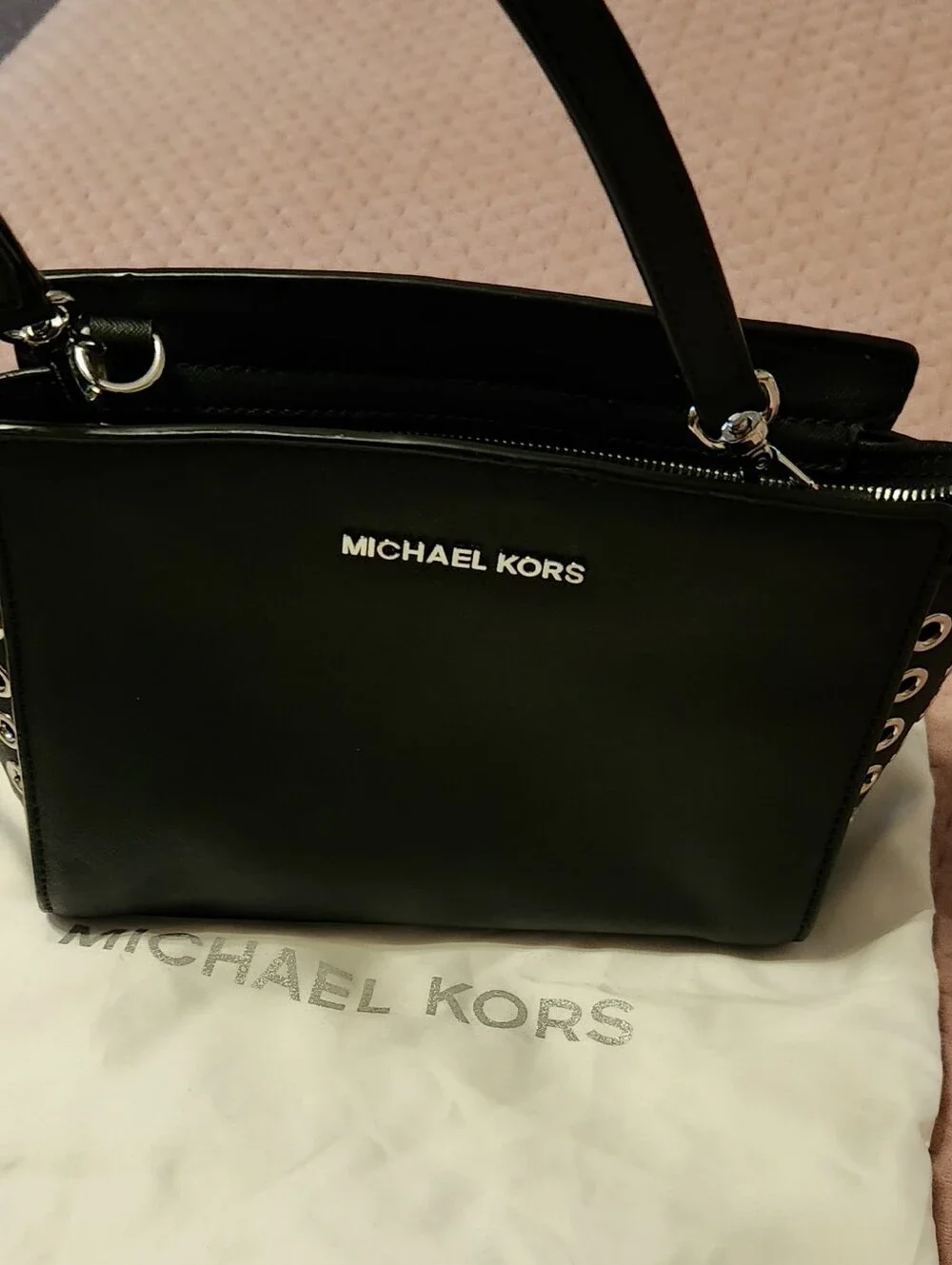 Michael Kors Black Leather Satchel with Silver Hardware